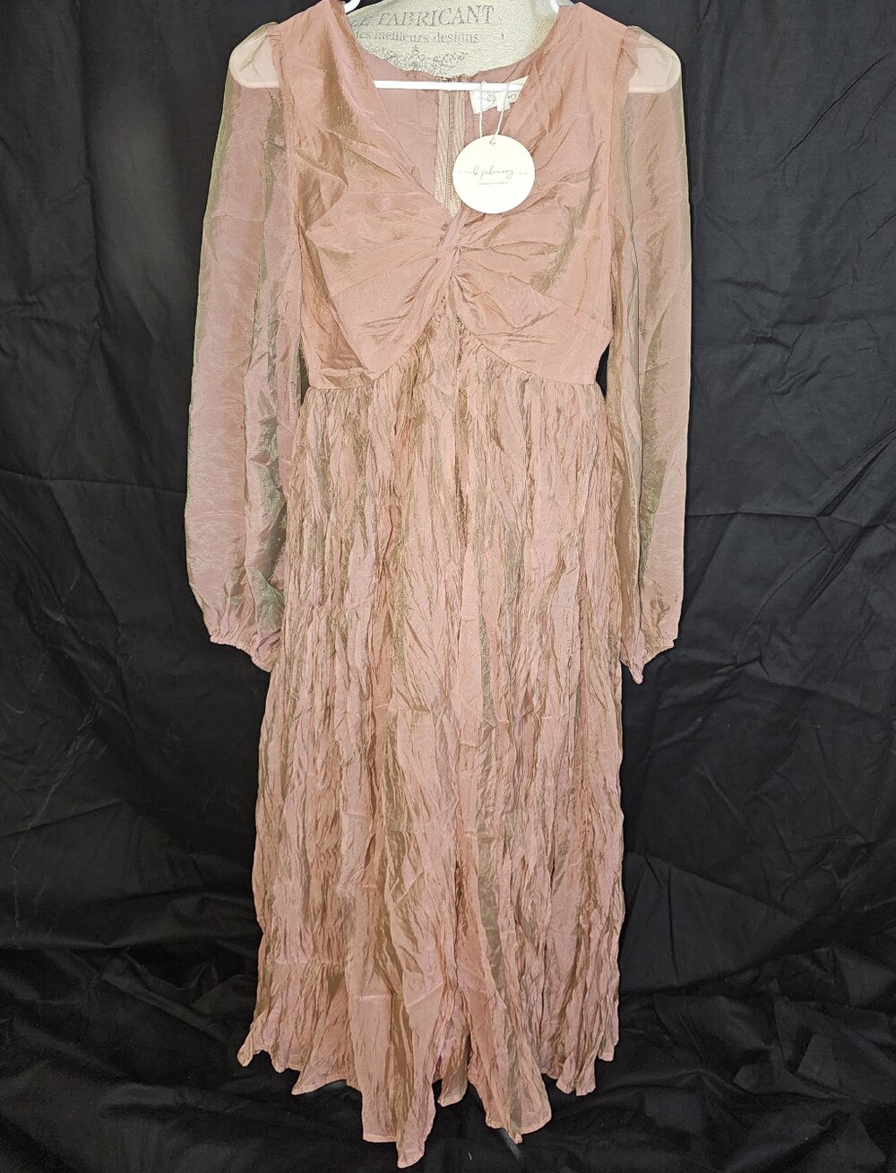 Sheer Long-Sleeve Dusty Pink Bow-Front Maxi Dress